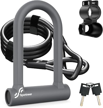 Sportneer 17mm Heavy Duty D Lock with 5Ft Cable & Mounting Bracket