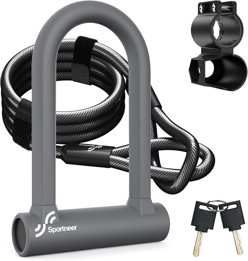 Sportneer 17mm Heavy Duty D Lock with 5Ft Cable & Mounting Bracket