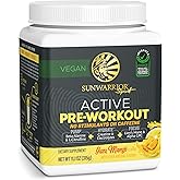 Sunwarrior Pre Workout Powder Energy Drink Non-Stim & Caffeine Free | Vegan Plant-Based Supplement | Pump Hydrate Focus Endurance & Strength Builder | Yuzu Mango Flavored 30 Serving Active Preworkout