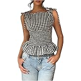 SHENHE Women's Gingham Plaid Ruffle Peplum Tank Smocked Tie Shoulder Vintage Shirt