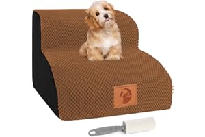 LOCGII Dog Stairs for Small Dogs-2 Steps Soft Foam Dog Steps Ramps for Bed Couch, High Density Pet Steps Stairs for Joint Pain Dog, Cats, and with a Lint Roller (Brown)