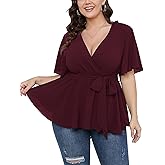 SCOMCHIC Women's Plus Size Short Sleeve V Neck Wrap Belted Ruffle Peplum Blouse Tops
