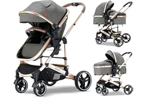 Blahoo Baby Stroller for Newborn, 2 in1 High Landscape Stroller, Foldable Aluminum Alloy Pushchair with Adjustable Backrest. Bassinet Stroller(Gold Gray)