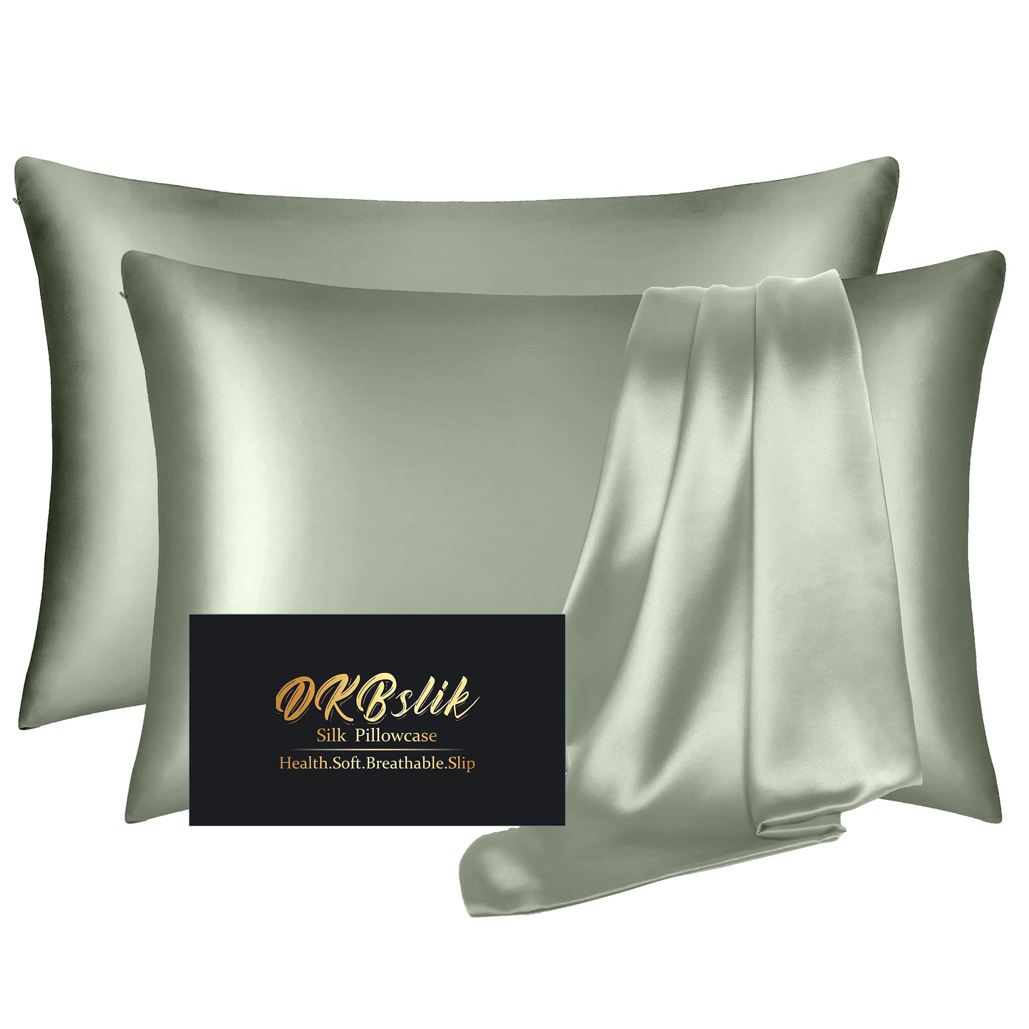 Silk Pillow Cases 2 Pack, Mulberry Silk Pillowcases Standard Set of 2, Smooth, Anti Acne, Beauty Sleep, Both Sides Natural Silk Satin Pillow Cases for Women 2 Pack with Zipper for Gift, Sage Green — image 1