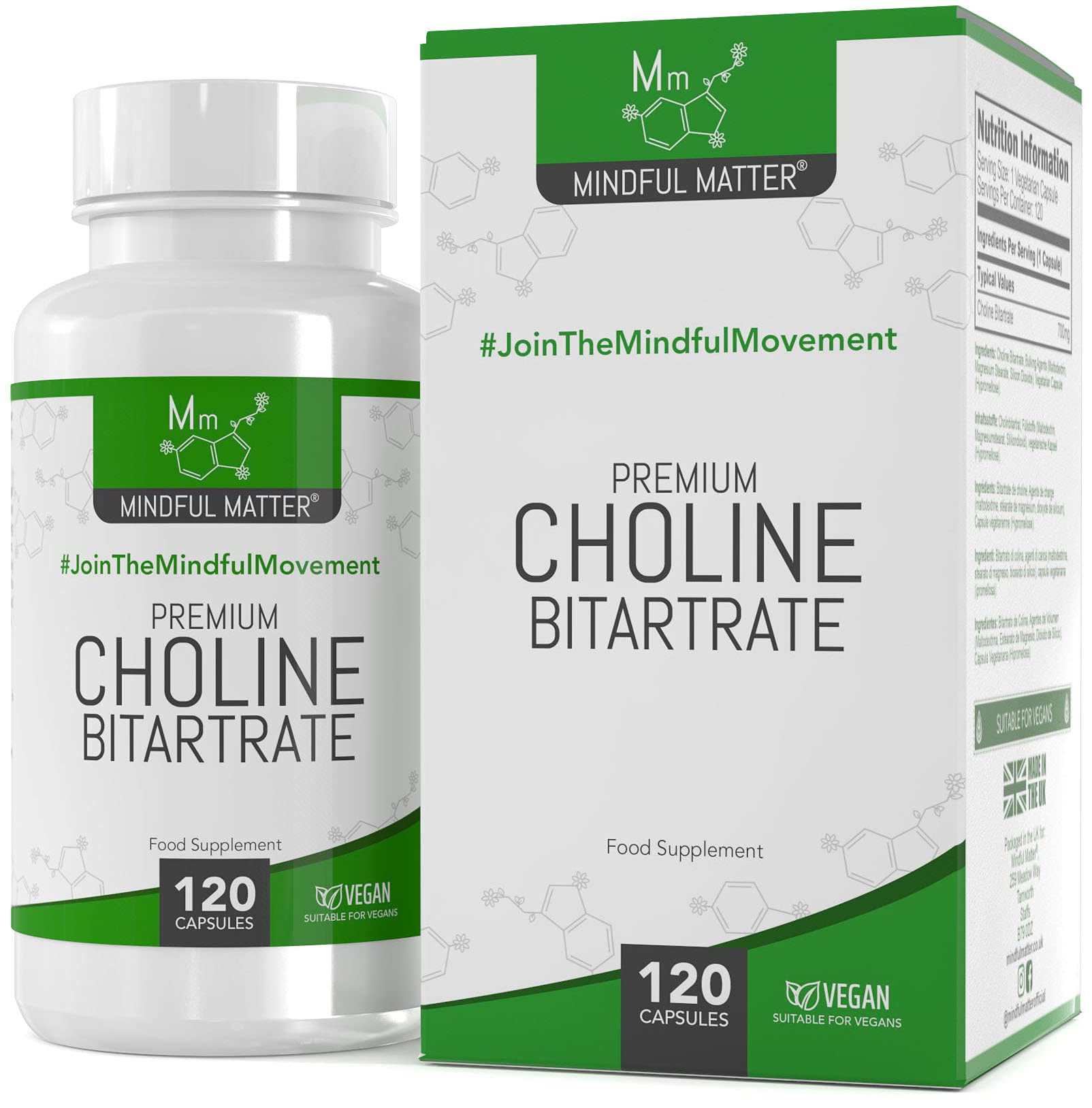 MM Choline | 120 High Strength Vegan Choline-Supplement Capsules - 700mg Coline Bitartrate per Serving | Non-GMO, Gluten & Allergen Free | Manufactured in the UK