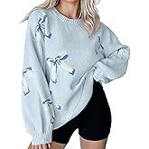 Libsorge Womens Oversized Cute Bow Tie Sweater Spring 2025 Cozy Chunky Ribbed Knit Crewneck Long Sleeve Pullover Tops