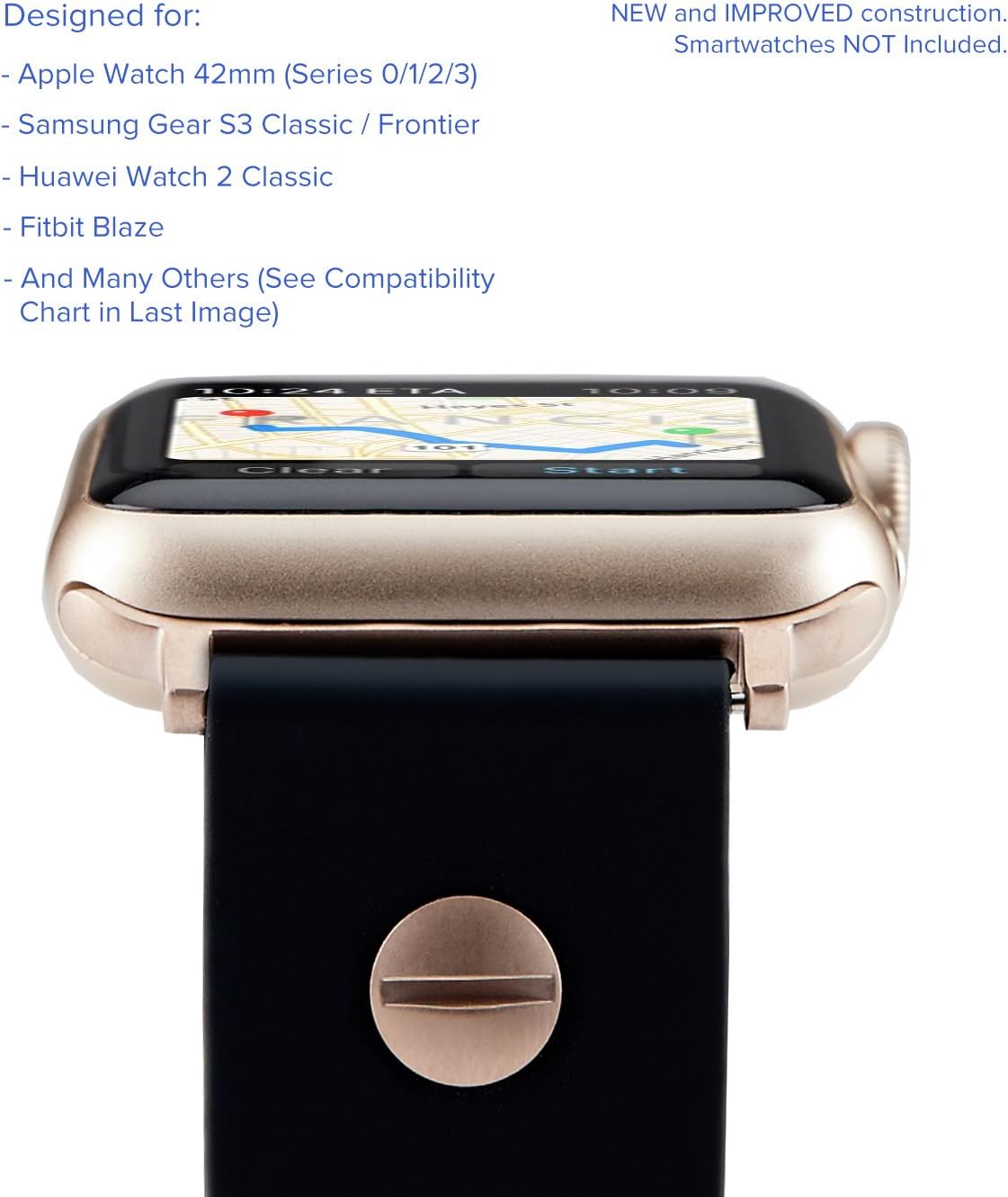 Truffol Driver 22mm Soft Silicone Rubber Sport Band for Apple Watch 42mm, Samsung Gear S3 Frontier & Classic, Huawei Watch 2 Classic - Replacement Quick Release Watch Strap (Black/Champagne Gold)