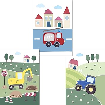 Lalelu Prints 3er Set Poster Kinderzimmer Deko Junge Bilder Fahrzeuge Bagger Traktor Feuerwehr Din A4 I Babyzimmer Baby I Wandbilder Kinderbilder Babybilder Amazon De Baby