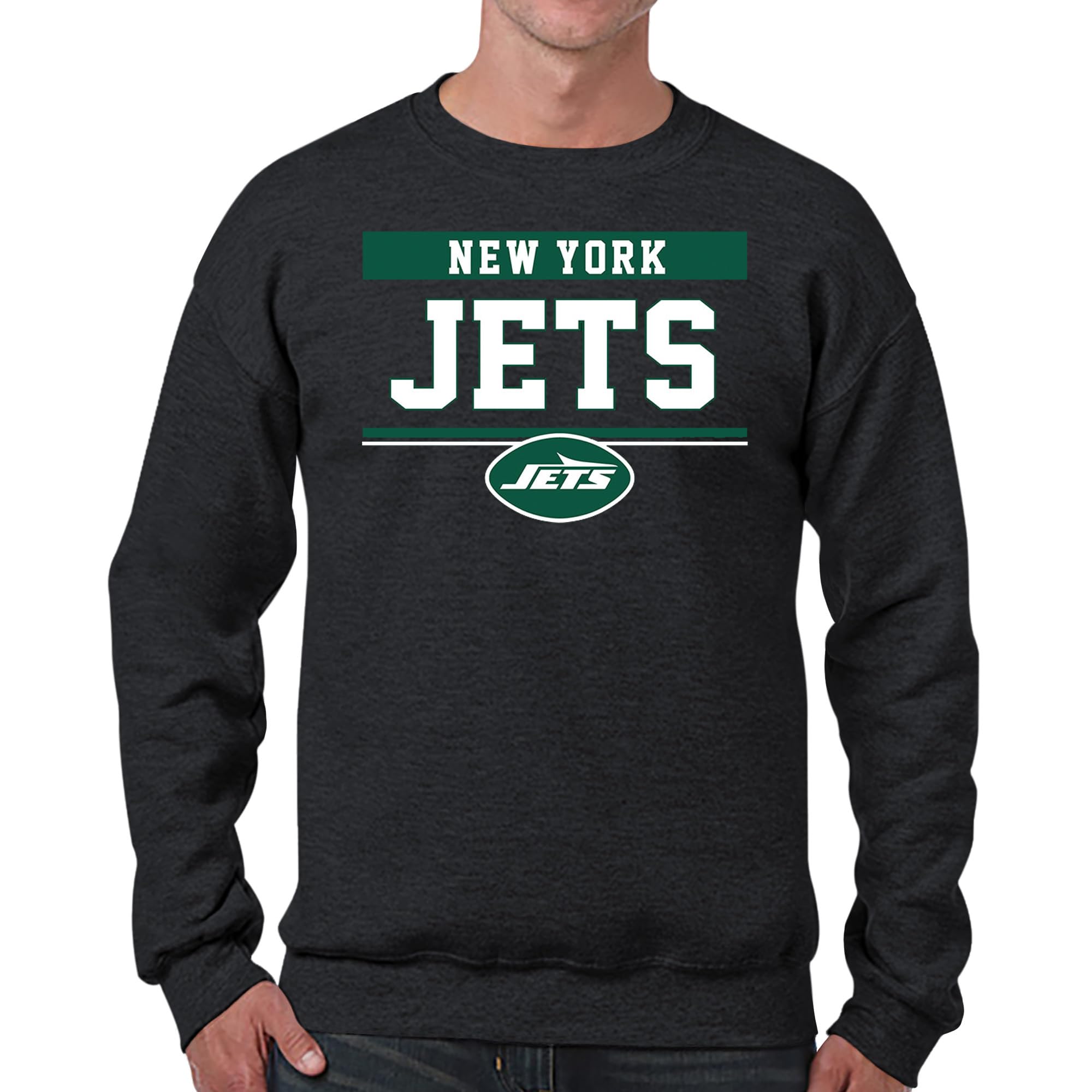 Team Fan Apparel NFL Adult Long Sleeve Team Block Charcoal Crewneck Sweatshirt - Stay Warm & Represent Your Team With Style (New York Jets - Charcoal, Small) Image