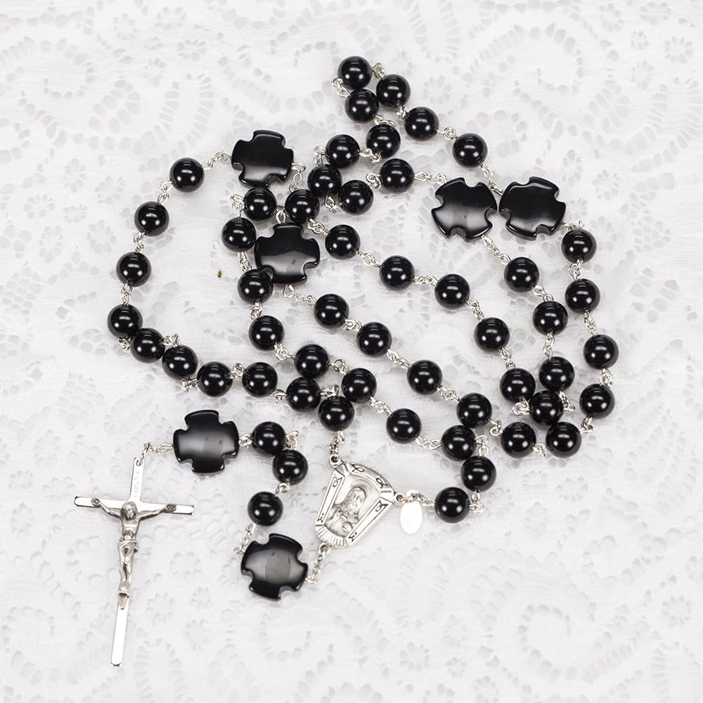 Black Onyx Catholic Rosary for Men or Women, 8mm Hail Mary's and Unique, Cross Shaped Our Father's, Sacred Heart of Jesus Center