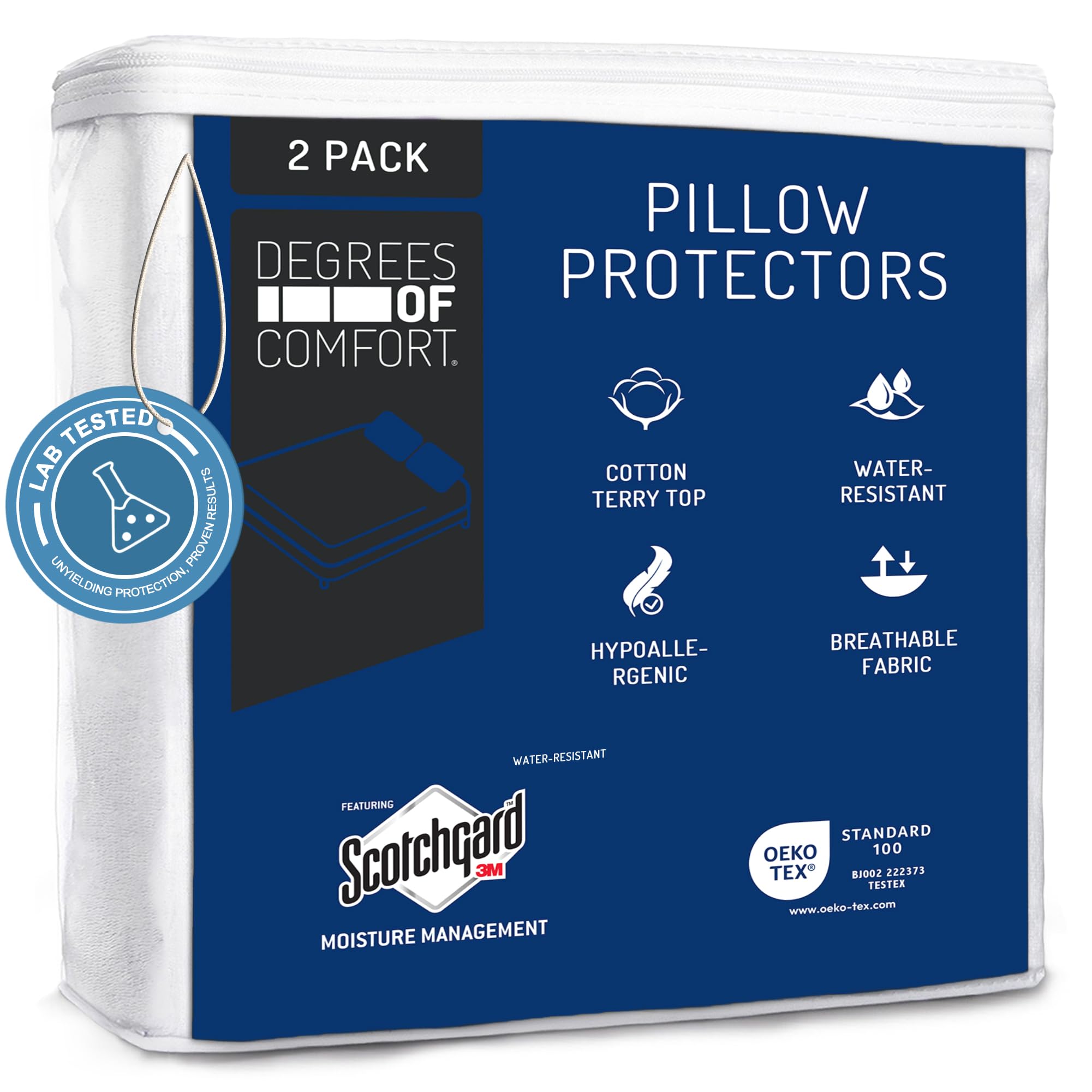 Photo 1 of Degrees of Comfort Pillow Protectors (Set of 2) - Hypoallergenic, Waterproof, Zippered Dust Allergy & Bed Bug Proof Pillow Cover, Cotton Terry with 3M Scotchgard, King Size, 21x37