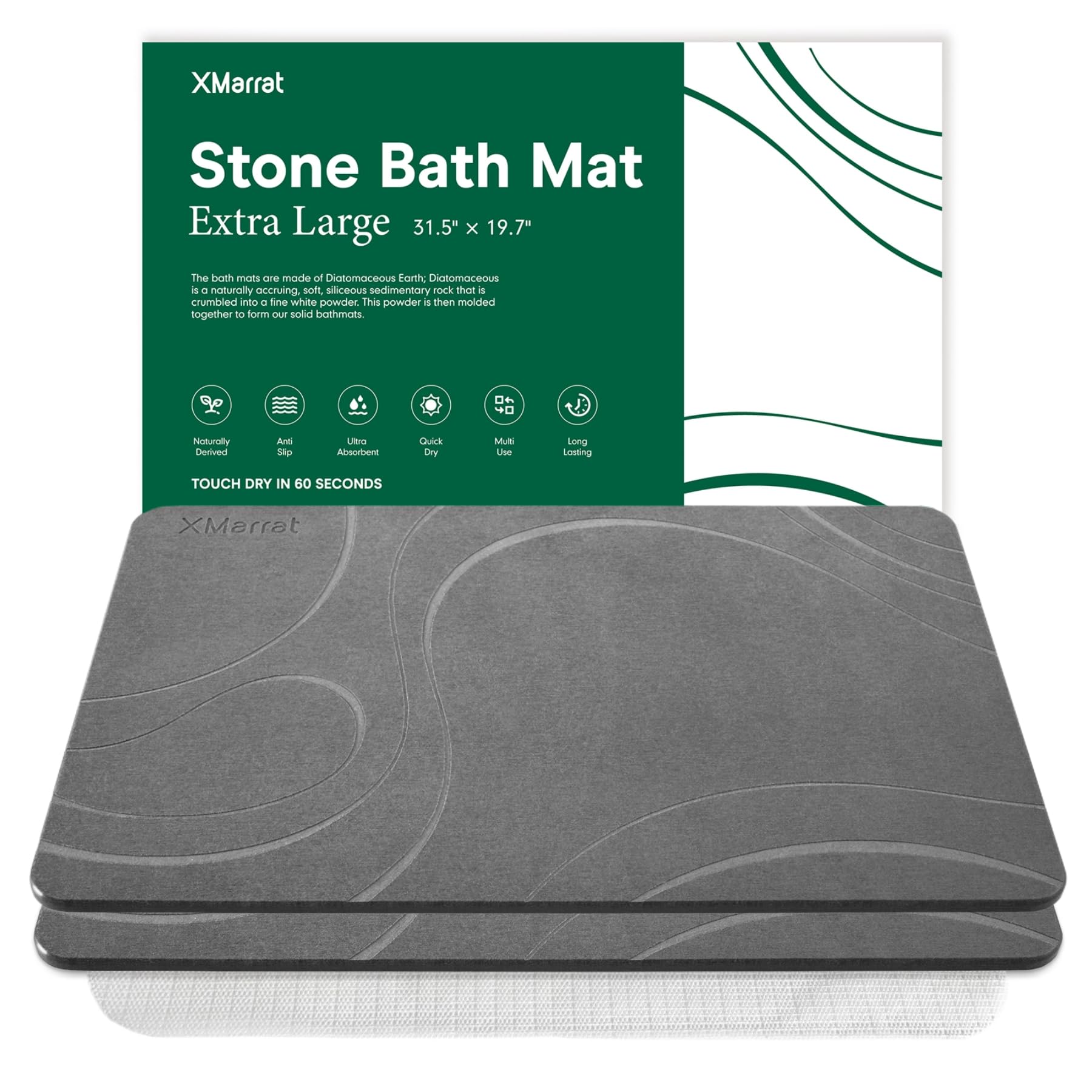 XMarrat Large Stone Bath Mat 2 Pack, 31.5'' x 19.7'' Super Absorbent Diatomaceous Earth Bath Mat Large, Quick Drying Non-Slip Diatomite Stone Bath Mats for Bathroom, Easy to Clean