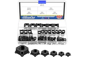 Glarks 107pcs M4 M5 M6 M8 M10 M14 Square Weld Nut Set, Black Square UNC Coarse Carbon Steel Machine Screw, Weld Nut, Square W