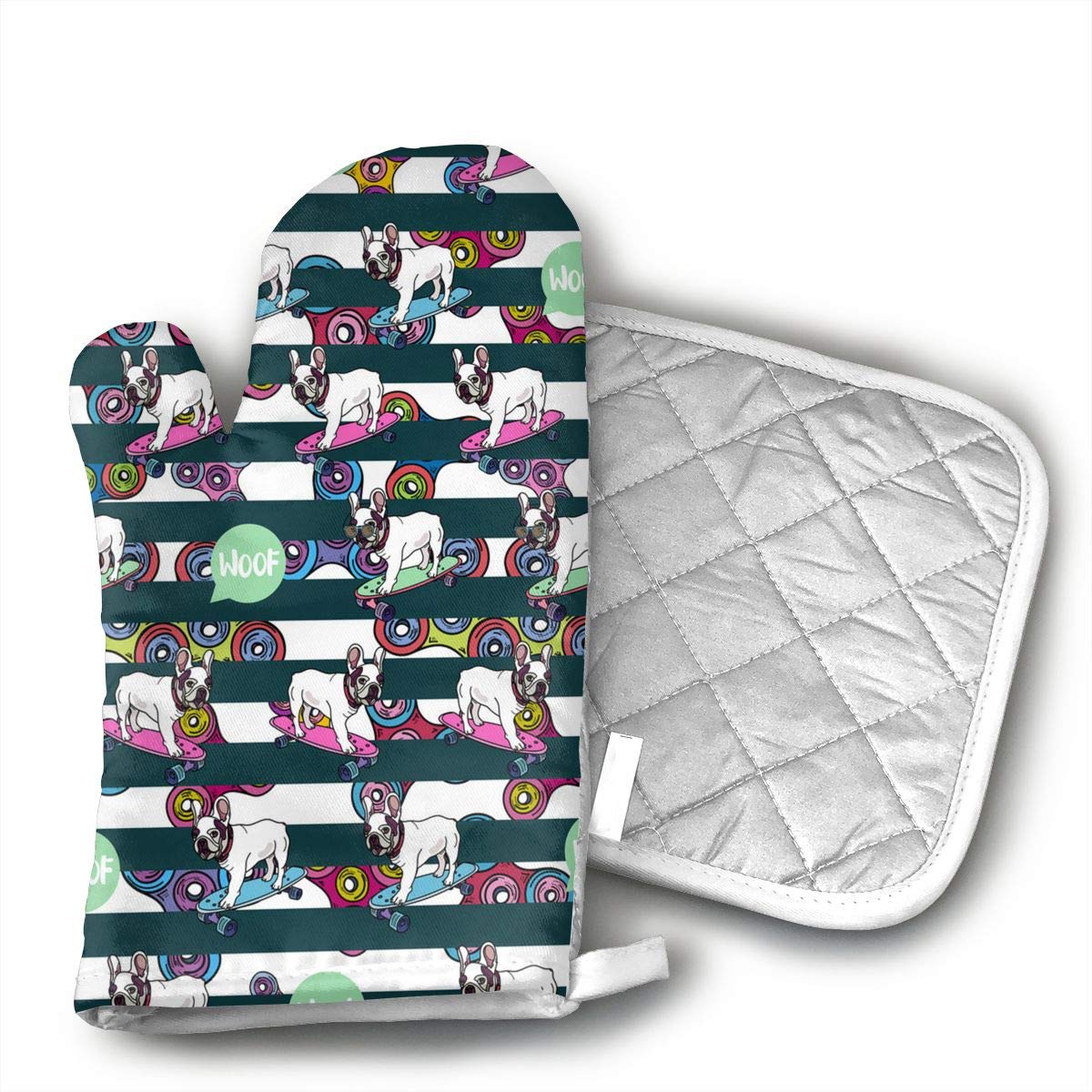 Seamless Pattern with French Bulldog and Spinners Vector Image Oven Mitts - air of Non-Slip Kitchen Oven Gloves for Cooking,Baking,Grilling,Barbecue Potholders,