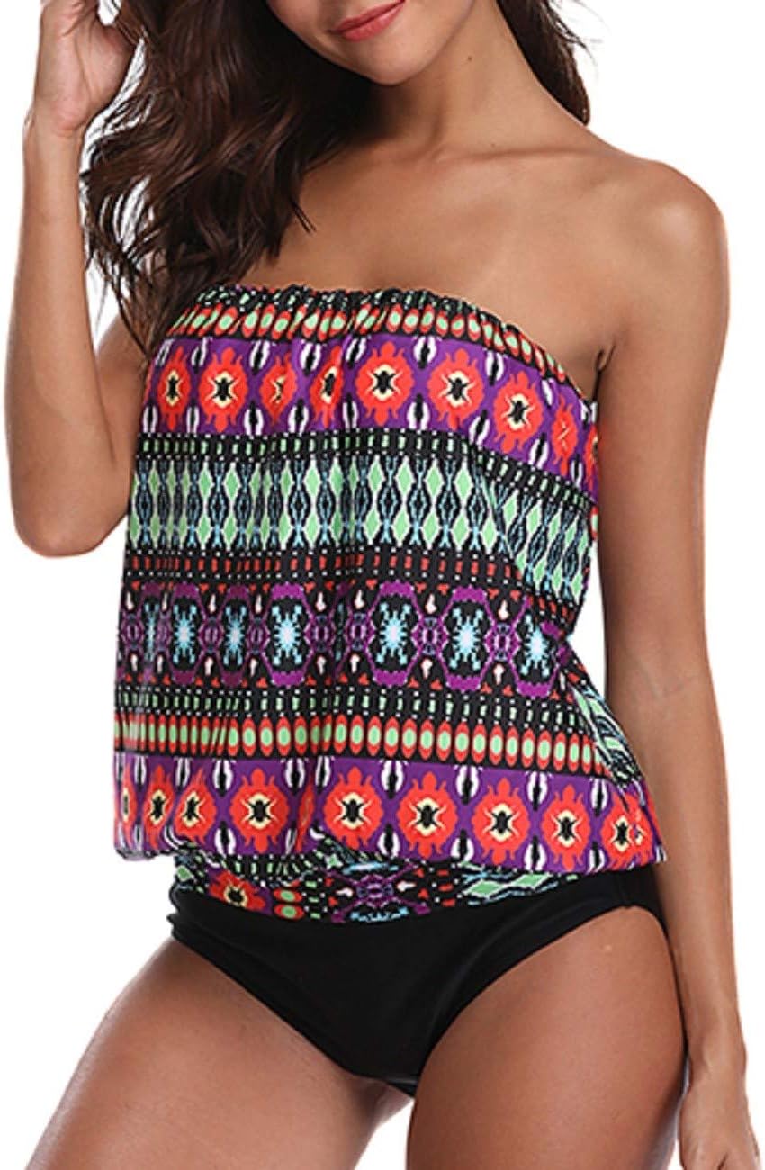 Women Blouson Tankini Sets Strap Detachable Top High Waist Shorts 2 Pieces Swimwear