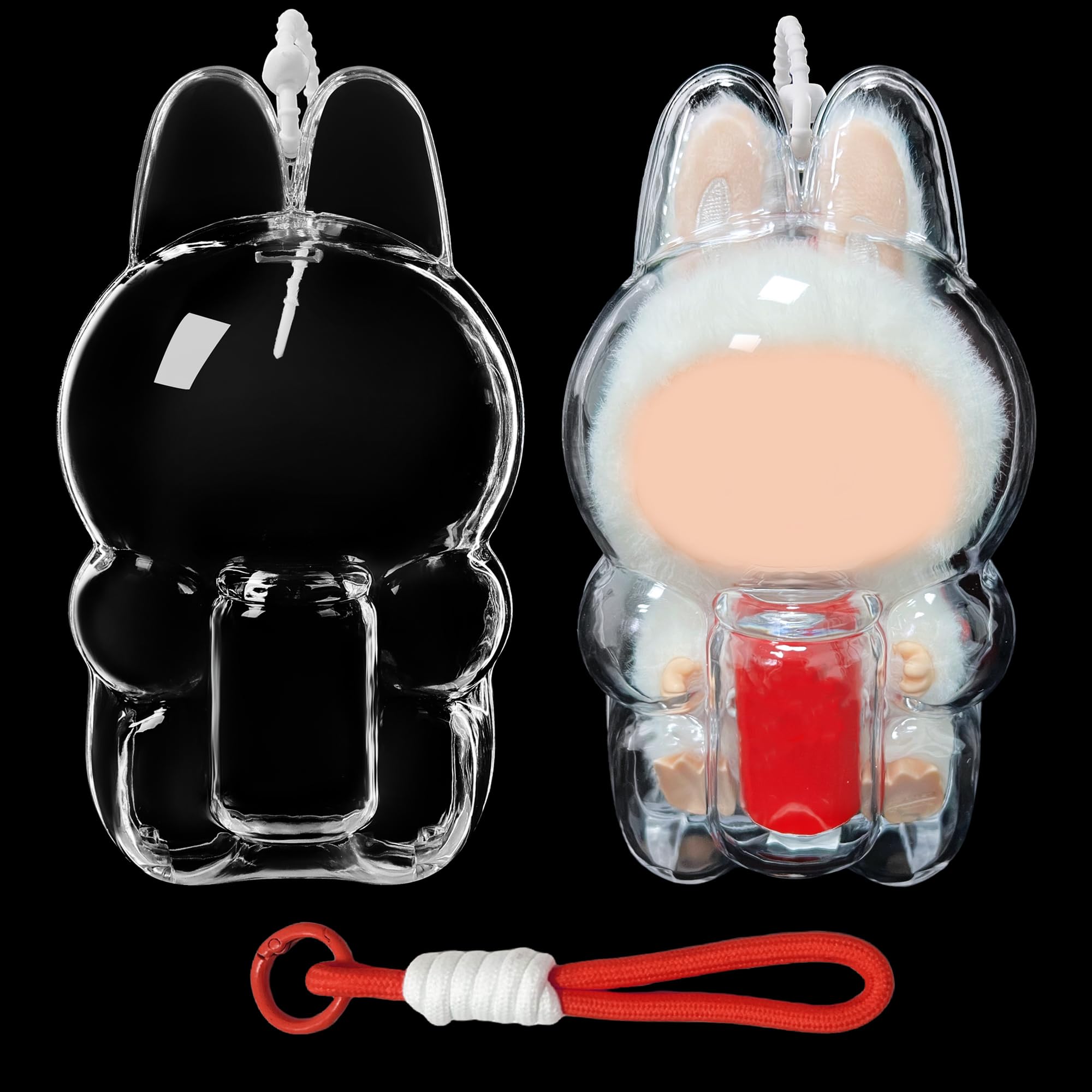 Photo 1 of LUFEEMGA Protective Case for LABUBU Sitting Happy Factor,Clear Plastic Display Sit Style Protective Cover PVC Bag Hanging Model Box with Keychain, Sitting Red Soda Can
