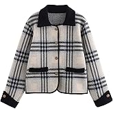HOULENGS Women's Vintage Long Sleeve Plaid Print Cardigan Sweater Button Down Lapel Knit Sweater Coat with Pockets