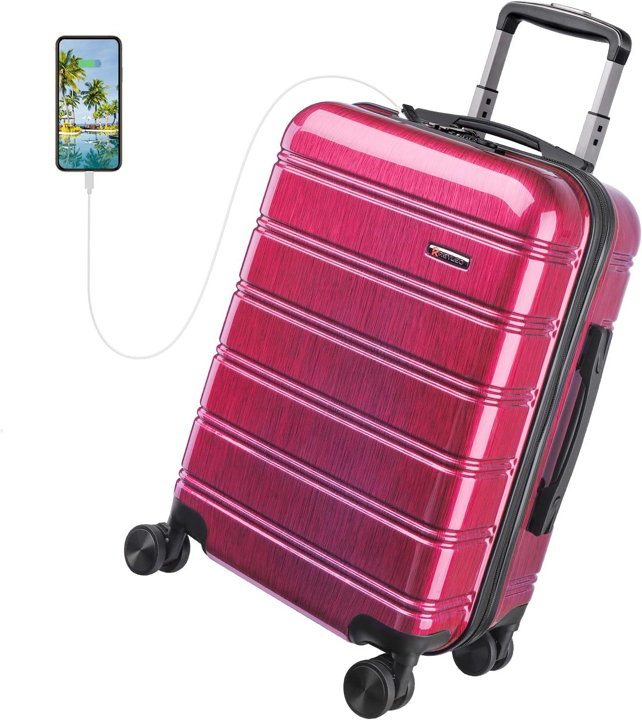 REYLEO Travel Suitcase 20in PC+ABS with USB Charging Port, Built-in TSA Lock, 4 Silent Spinner Wheels and Side Handle Carry on Luggage (Red)