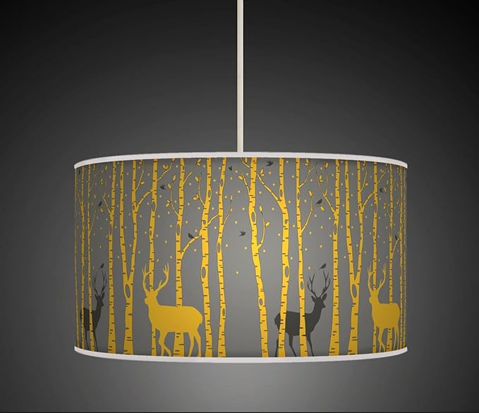 30cm Trees Stag Deer Mustard Yellow Grey Retro Handmade Giclee