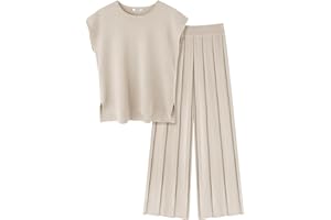 Ekouaer Lounge Sets for Women Two Piece Outfits Knit Cap Sleeve Tops Wide Leg Pleated Pants Casual Dressy Sweater Sets