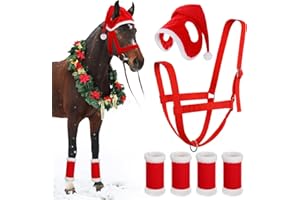 Paterr 6 Pcs Christmas Horse Accessory Includes 4 Pcs Leg Wraps with Faux Fur Trim Holiday Santa Hat Adjustable Nylon Halters for Christmas Horse Costume Accessories