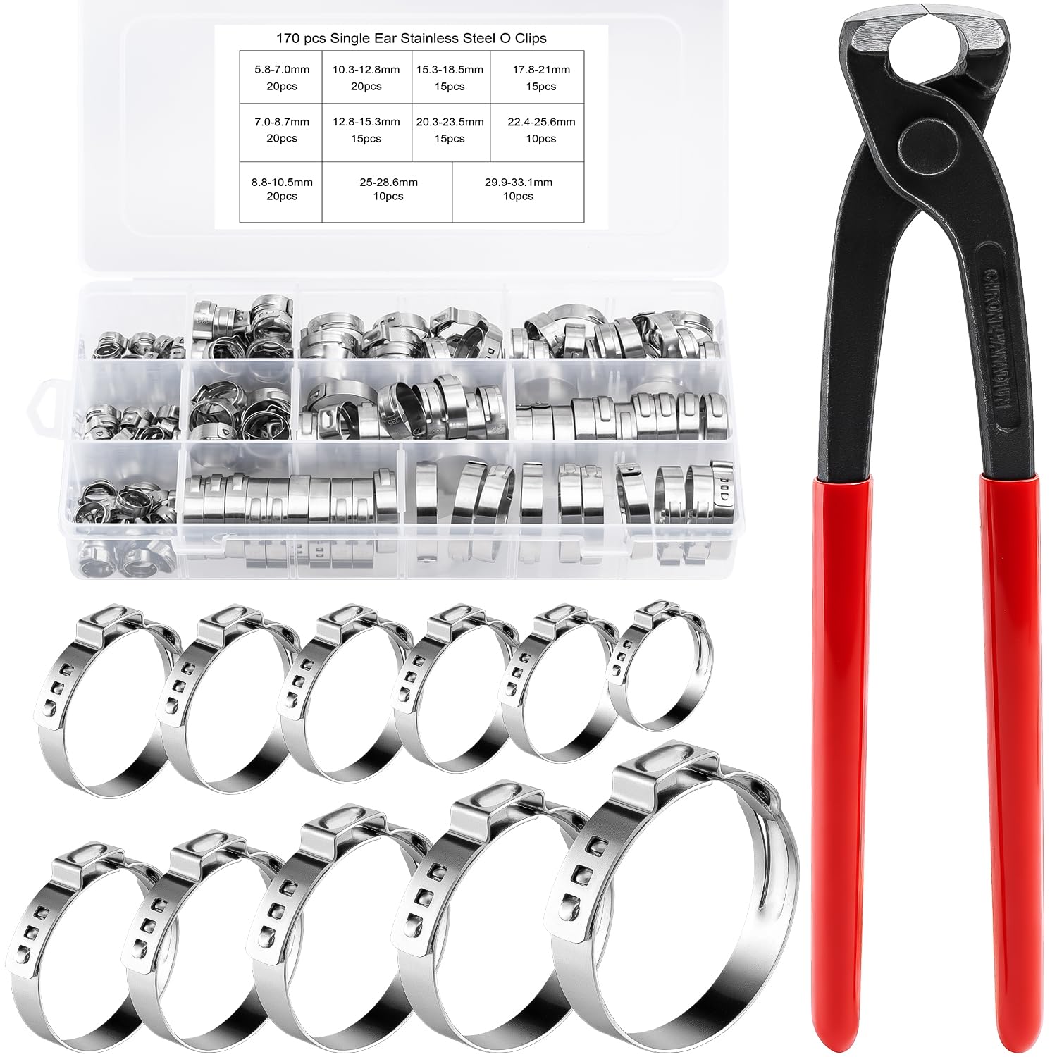 Photo 1 of 170PCS 304 Stainless Steel Single Ear Hose Clamps, 11Sizes (5.8-33.1mm) Stepless PEX Cinch Clamp Rings Crimp Assortment Kit with Pincer for Tubing Pipe Fitting Connections Home, Plumbing, Garden, Auto
