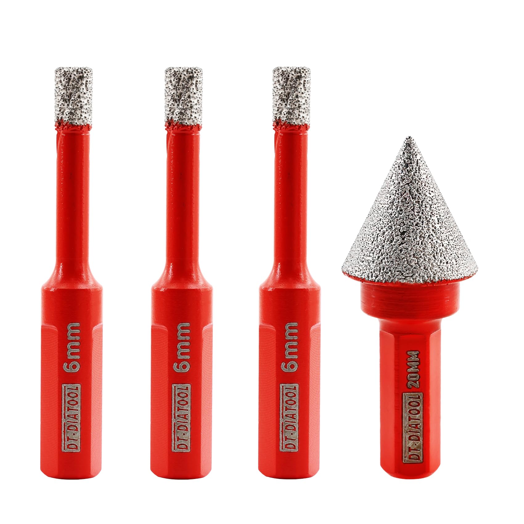 DT-DIATOOL Triangle Shank Diamond Drill Bits 6mm 3pcs With 20mm 1pc Chamfer Bit Vacuum Brazed Hole Saw for Porcelain Tile Ceramic Marble Granite Masonry Quartz — image 1