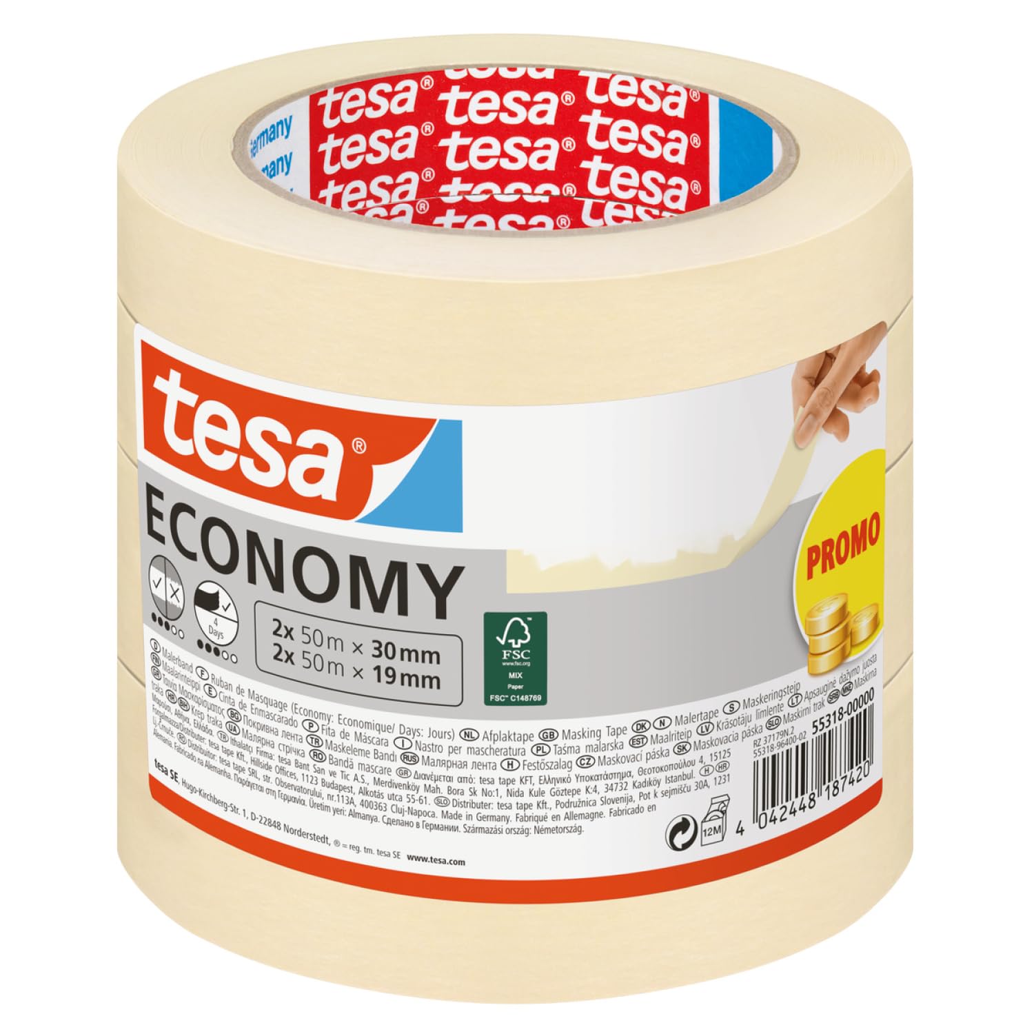 tesa Masking Tape Economy EcoLogo - Painters Tape, 4 Days Residue-Free Removal, Without Solvent - Narrow, 2X 50m x 30 mm + 2X 50m x 19mm