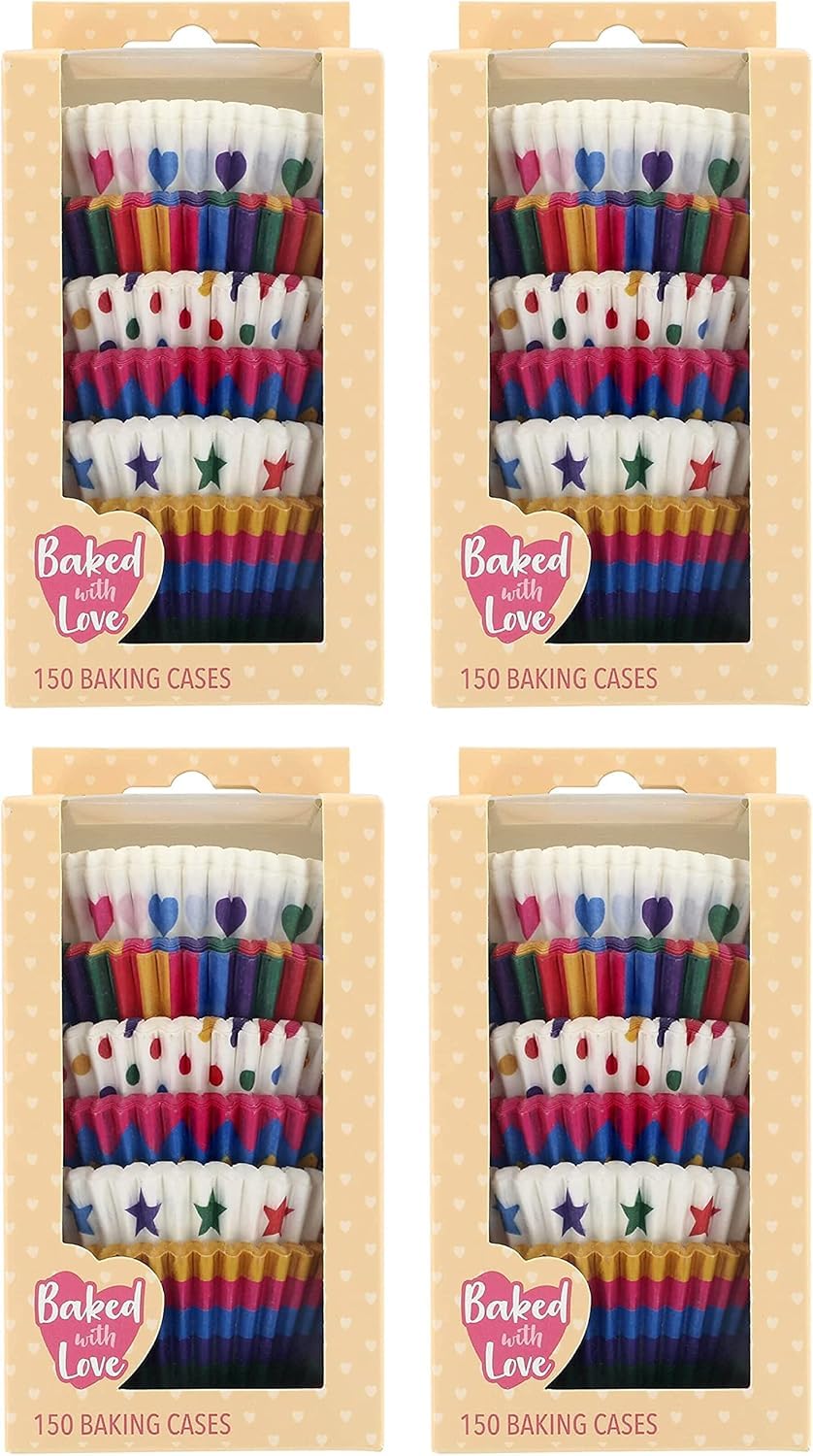 Baked with Love Rainbow Brights Cupcake Cases, 50mm Baking Cups, Mulitcoloured Stars, Stripes, Spot, Hearts, Greaseproof Paper Cases for Muffins and Cupcakes, Pack of 600, 86968