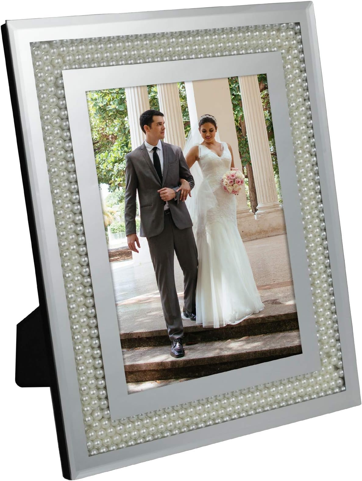 5"x7" Glass Mirror Picture Photo Frame with Accent Pearl Border. Self Standing with Easel or Ready to Hang on Wall