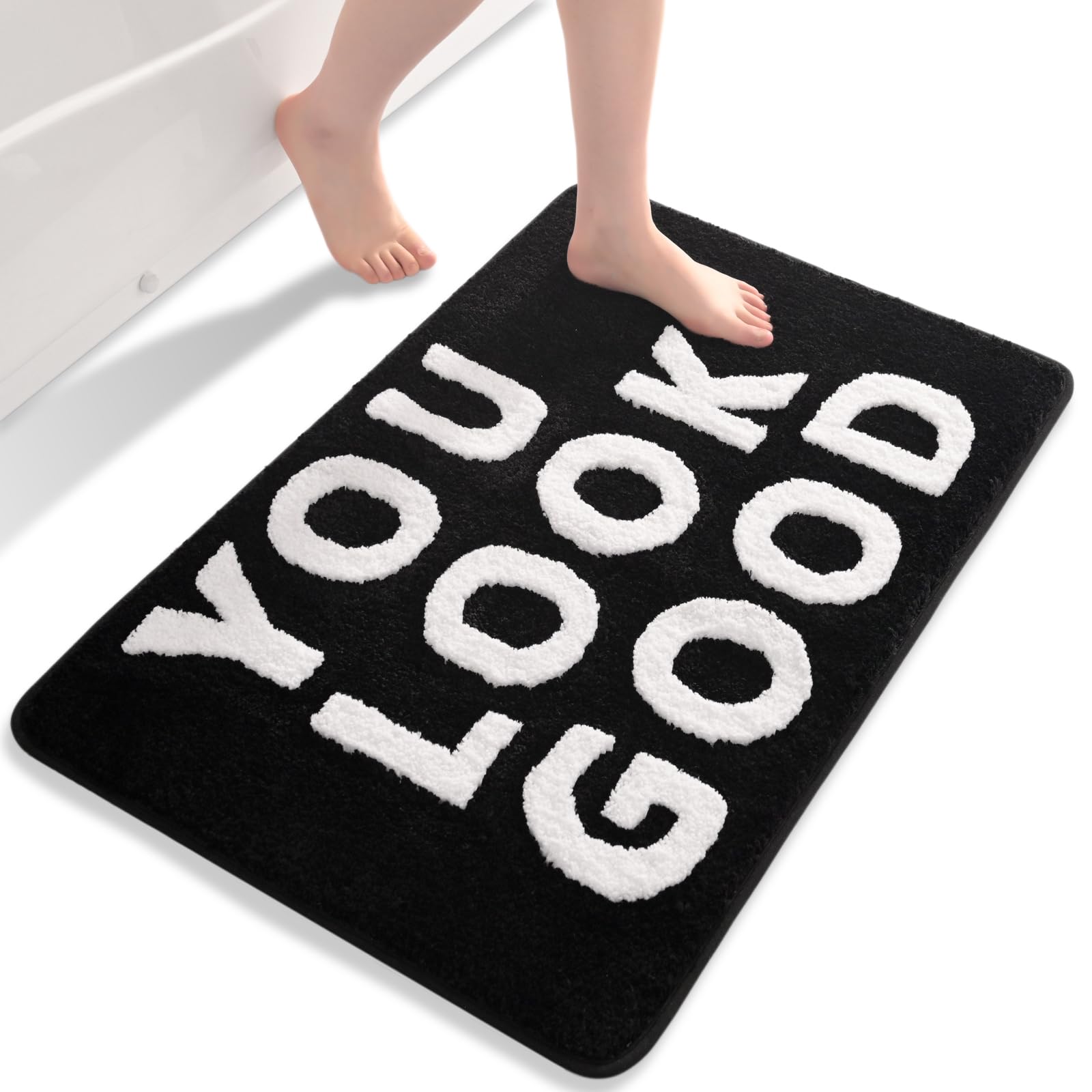 QJHOMO Black Bath Mat Non Slip Bath Mats for Bathroom Cute Bathroom Accessories, You Look Good Bath Rug Extra Thick Bathmat Cool Decor Rugs, Super Absorbent Floor Mats Machine Washable Carpet 55x81 cm