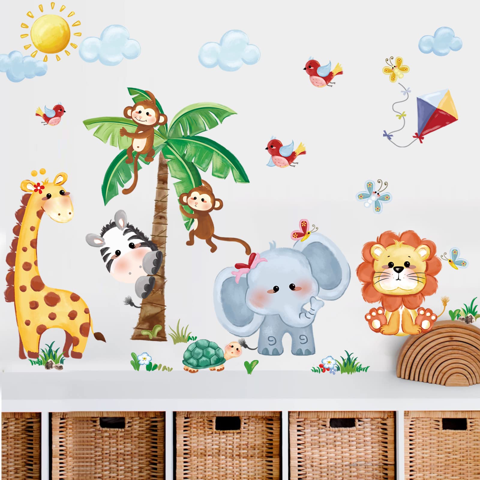 decalmile Jungle Animals Wall Stickers Monkey Tree Elephant Giraffe Wall Decals Kids Room Bedroom Baby Nursery Wall Decor