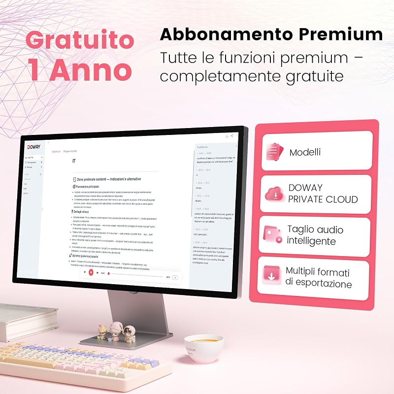 Registratore Vocale AI con app dedicata,trascrivi e riepiloga,Durata della batteria di 35 ore,memoria da 64 GB per riunioni,lezioni,chiamate,affari, lezioni (rosa)