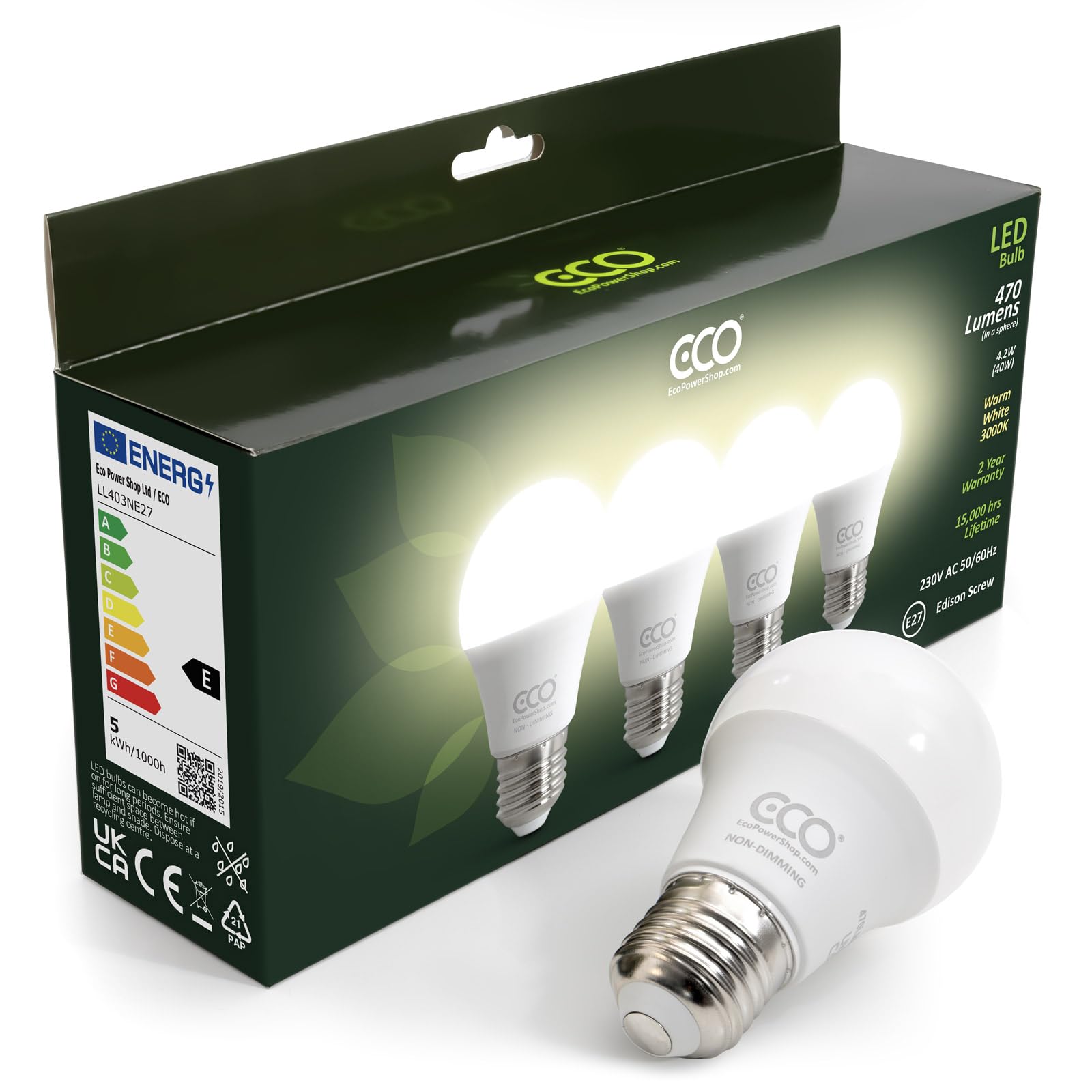 ECO 40W Equivalent E27 Screw Energy Saving LED Light Bulb, Low Energy 4.2W LED, 470 Lumens, Warm White 3000K, Non-Dimmable, 15,000Hrs Lifetime.