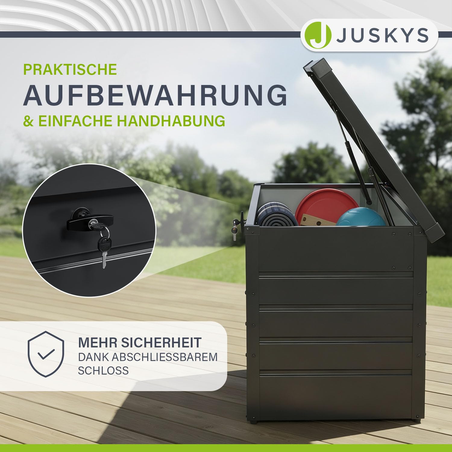 Juskys Metall Aufbewahrungsbox Limani 380 Liter - Outdoor Box - wasserdicht, abschließbar - Gartenbox, Auflagenbox, Kissenbox für Garten Anthrazit 3