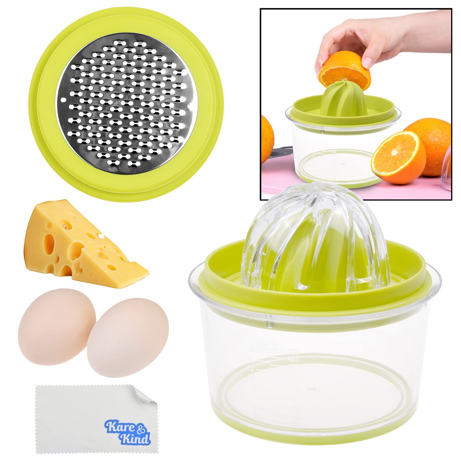 Citrus Juicer with Pulp Filter, Fruit/Vegetable/Chocolate Grater, Measuring Bowl, Egg Yolk Separator - Space Saving Design - Non Slip Silicone Bottom - Dishwasher Safe - No Electricity, No Noise