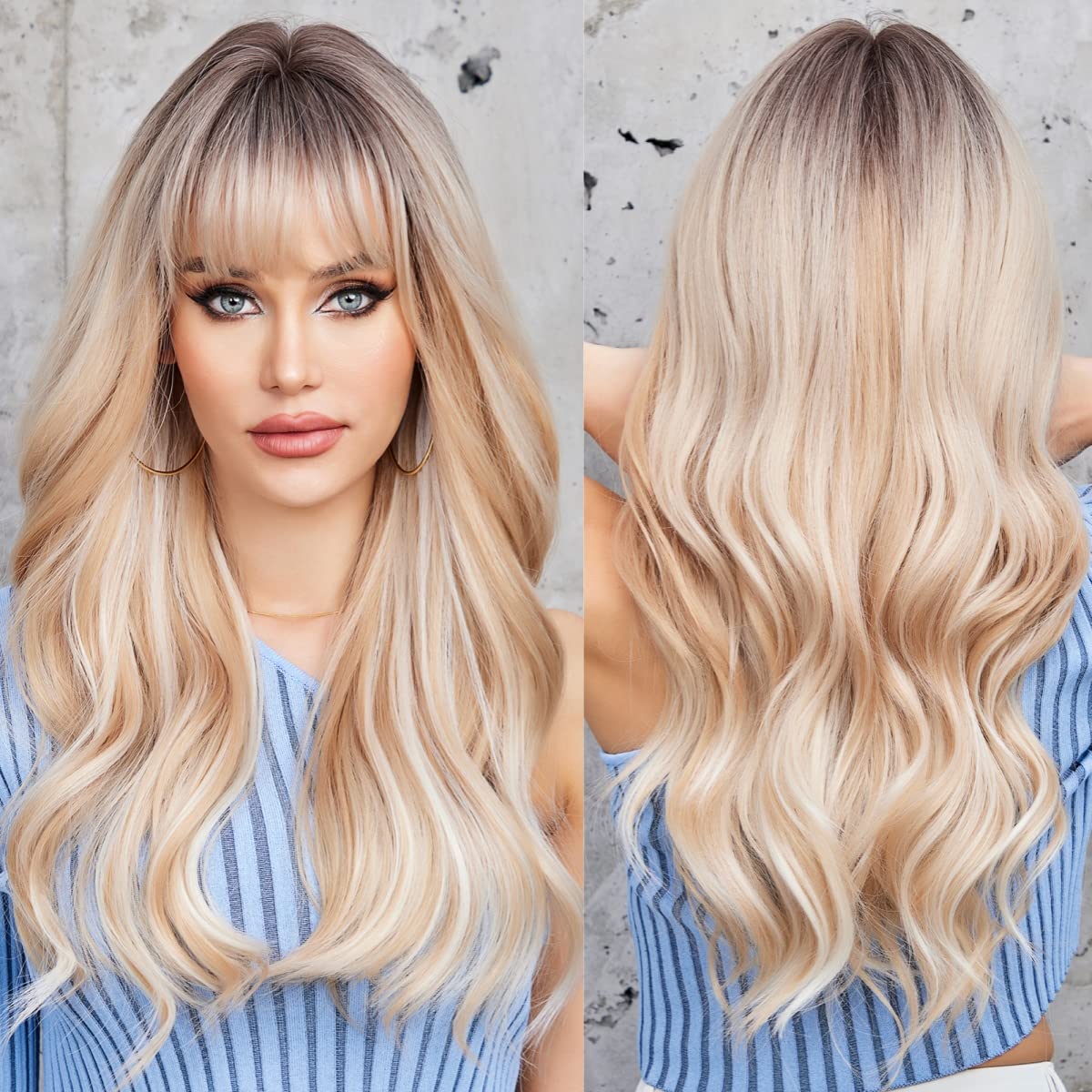 EMMOR Long Blonde Mixed White Wave Wig with Bangs Dark Roots Curly Wig for Women Synthetic Wig Natural Looking Heat Resistant Fiber Wigs — image 1