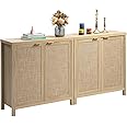 SICOTAS Credenza Sideboard Buffet Cabinet - Boho Rattan Kitchen Storage Cabinet with 4 Rattan Decorated Doors - Accent Liquor