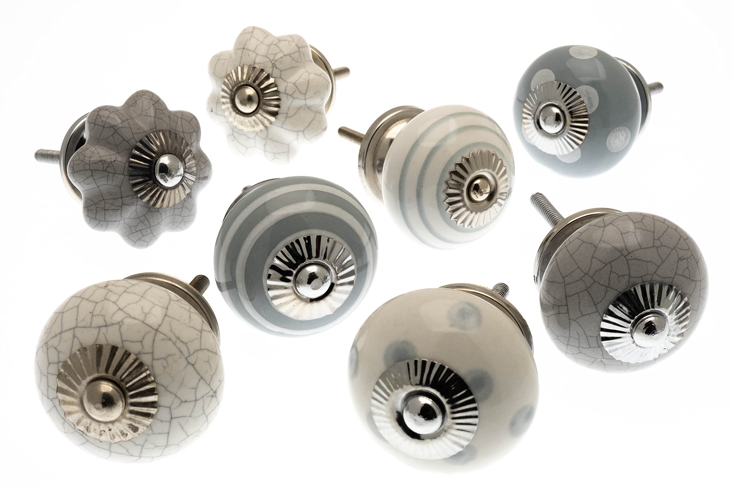 Mango Tree - Mixed Set of 8 x Contemporary Grey Collection Ceramic Cupboard Knobs in a Vintage Distressed Look (MG-714)