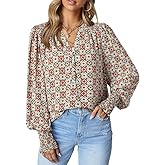 Dokotoo Women's Casual V Neck Easel Floral Print Long Sleeve Blouses Smocked Button Down Shirts Bohemian Top