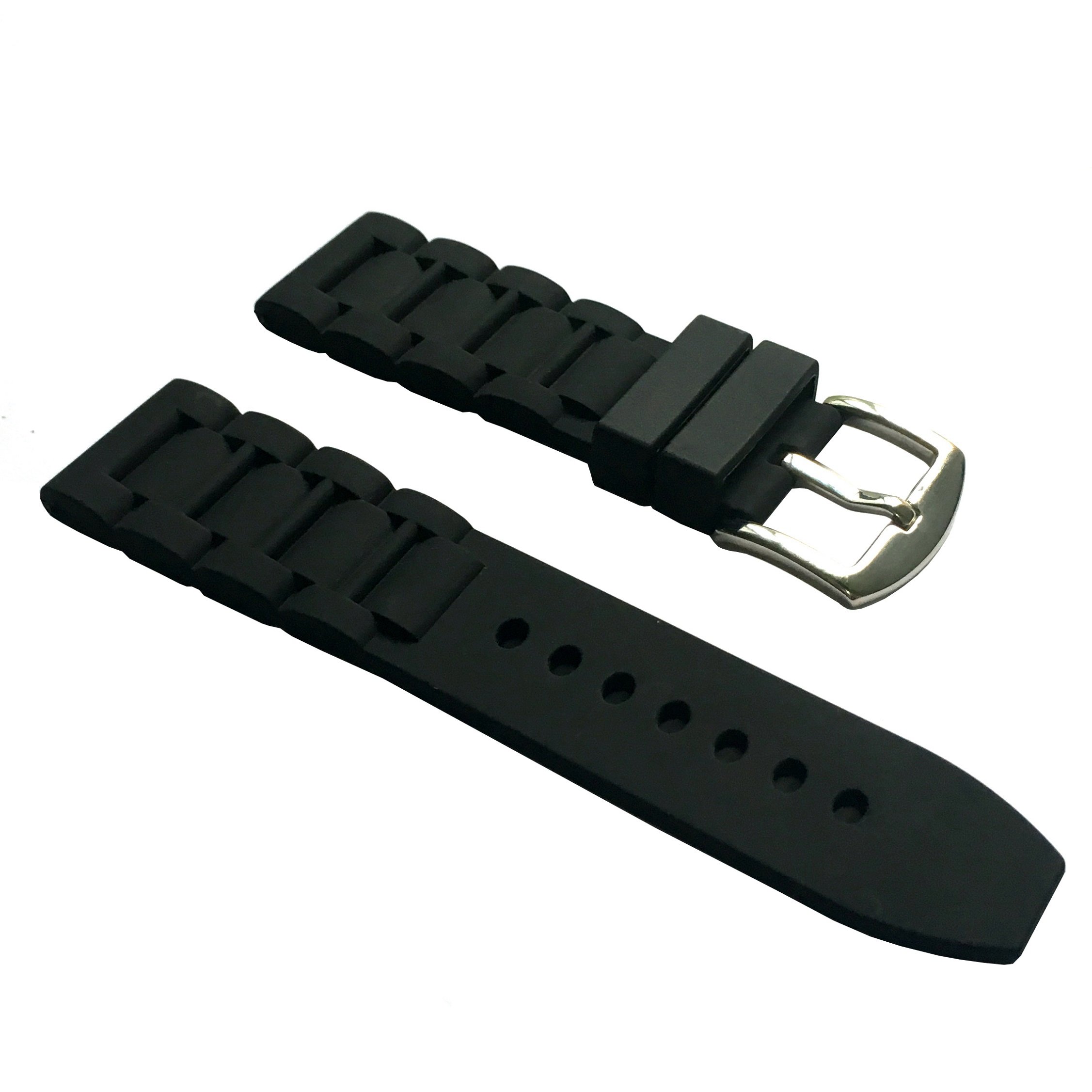 24mm Black Silicone Rubber Watch Strap Band Stainless Steel Buckle for