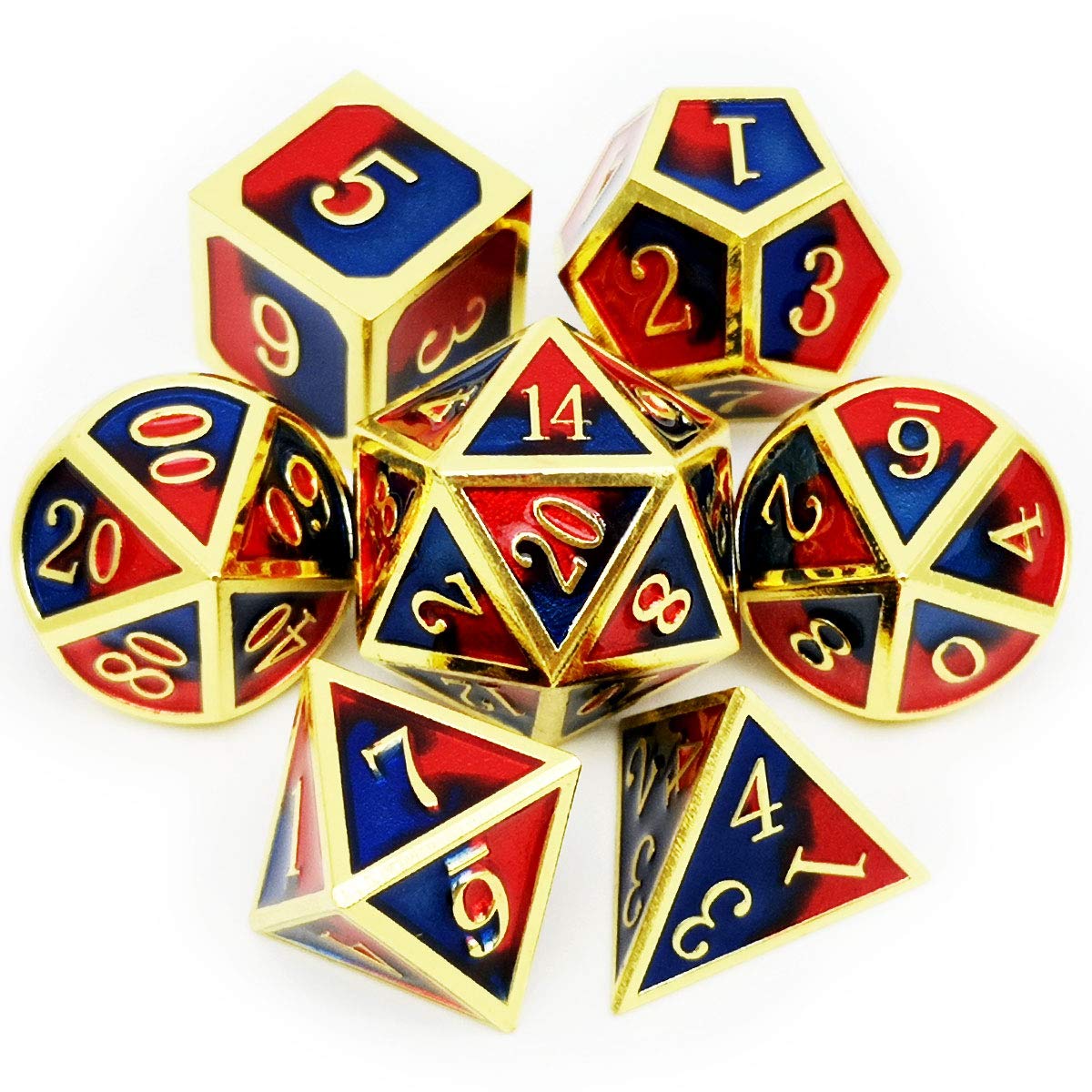 Haxtec Metal Dice Set D&D Polyhedral DND Dice for Dungeons and Dragons RPG Table Games- Enamel DND Dice (Gold Blue Red(Honor))