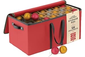 PEULEX Large 128 Christmas Ornament Storage Box, Adjustable Compartment Dividers, Dual Zipper, Stackable Holiday Decorations Organizer with Lid, Xmas Durable Fabric Bin, Reinforced Handles Space-Saving (Red)