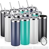 Remagr Skinny Tumblers Bulk 20 oz Stainless Steel with Lids and Straws Blank Slim Insulated Cup Double Layer Water Cups for Travel, DIY(White, Black, Navy, Green,12 Pcs)