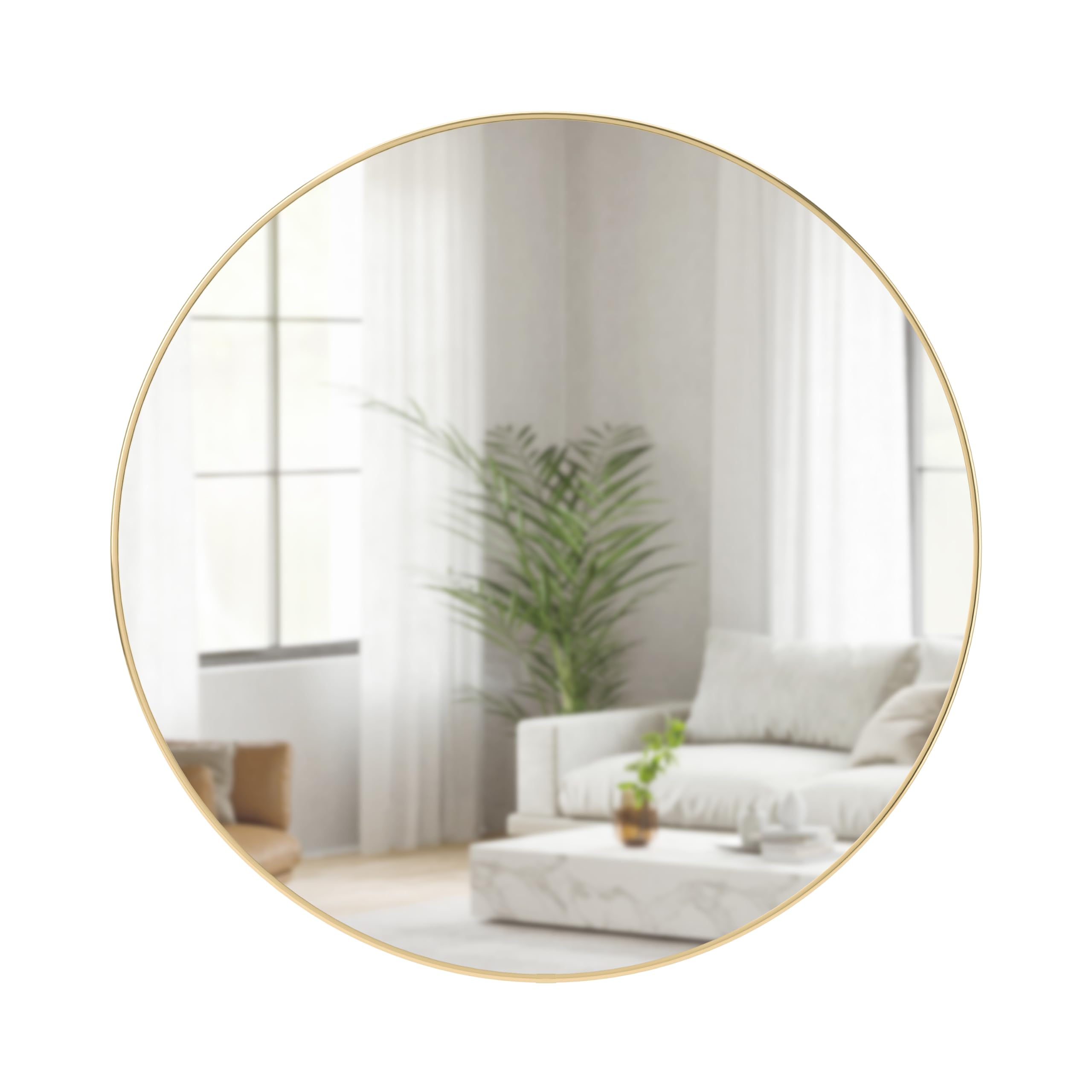 Umbra Hubba Round Wall Mirror with Metallic Frame, Modern Style for Bathroom, Entryway, Living Room and More, 34-Inch, Brass