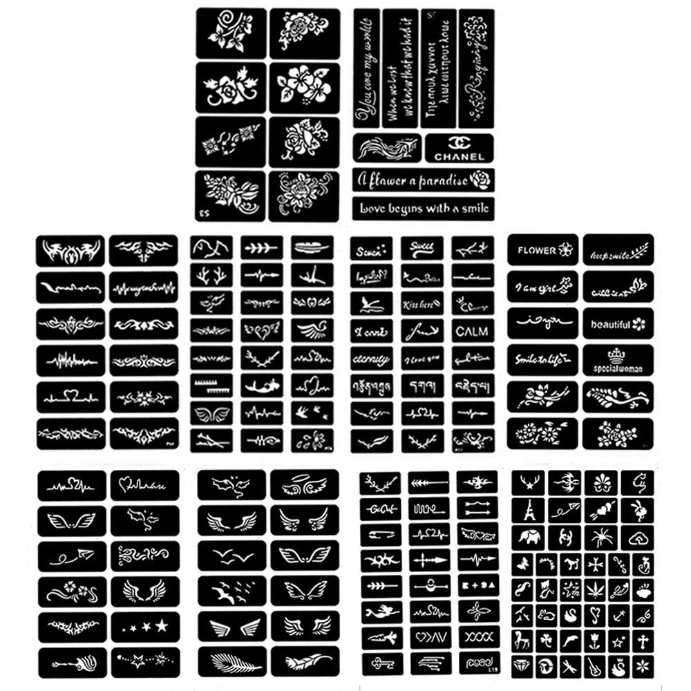10 Sheets Temporary Tattoos Stencils,Small Glitter Tattoo Template for Face Body Art Painting, Different Pattern Design Tattoo Stencils (Pattern Random)