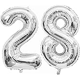 Silver 28 Number Balloons, 40 Inch Giant Number 28 Balloons Foil Mylar Helium Silver Number Balloons for 28th Birthday Party Supplies Anniversary Event Celebration Decorations