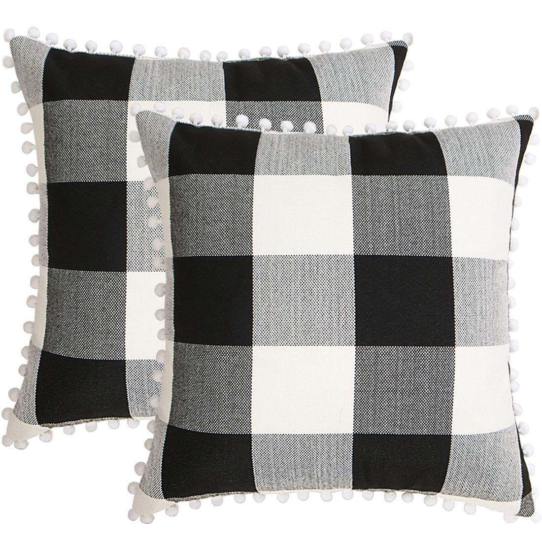 PiccoCasa 2 Pcs Buffalo Check Plaid Throw Pillow Cover with Pompoms, 45 x 45cm, Retro Checkers Decorative Cushion Cover for Sofa Couch Bed Car Seat Decor, Black Beige White
