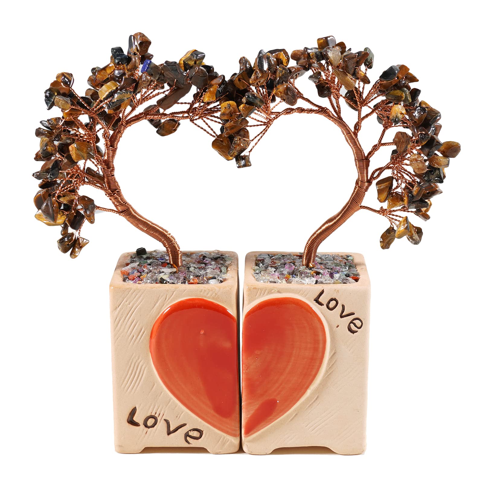 soulnioi Natural Crystal Tree Ornament Love Heart Healing Crystal Gemstone Money Crushed Stone Tree Love Figurine Statue for Couple Wedding Valentines Gift/Home Decoration-Tiger's Eye