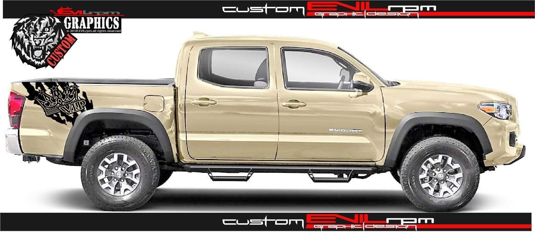 Evilrpm Vinyl Sticker Decal Truck Bed Graphics-Custom VIP Crown Stickers for Toyota Tacoma-Personalized Black Sticker -Fits All Models - Truck Bed Accent Vinyl Graphic (Pair - Left and Right)